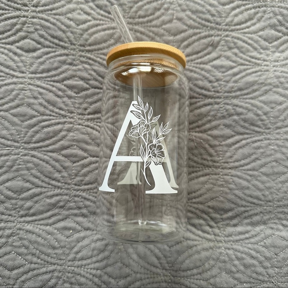 “A” Initial Glass Cup with Wooden Lid and Glass Straw